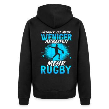 Weniger Arbeiten Mehr Rugby Rugbyspieler - Unisex Premium Bio Zip Hoodie - Schwarz - Hinten - Nico (187cm)