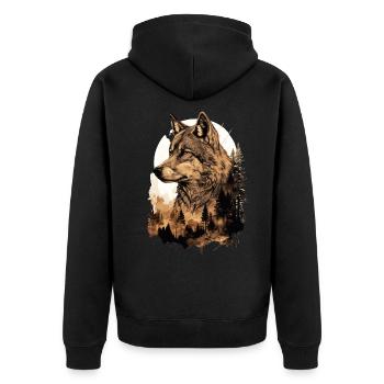 Wolf Wolfskopf Natur Wildnis Wald Bäume Kunst - Unisex Premium Bio Zip Hoodie - Schwarz - Hinten - Nico (187cm)