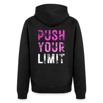 PUSH YOUR LIMIT – Farbe Lila; Rosa; Weiß - Unisex Premium Bio Zip Hoodie - Schwarz - Hinten - Nico (187cm)