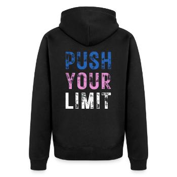 PUSH YOUR LIMIT – Farbe Blau, Rosa, Weiß - Unisex Premium Bio Zip Hoodie - Schwarz - Hinten - Nico (187cm)