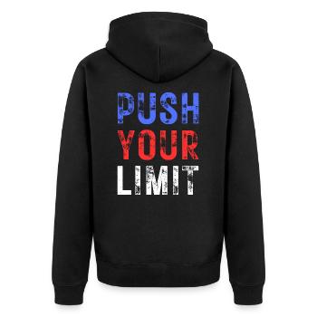 PUSH YOUR LIMIT – Farbe Blau, Rot, Weiß - Unisex Premium Bio Zip Hoodie - Schwarz - Hinten - Nico (187cm)