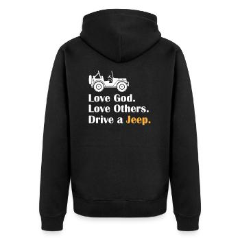 Love God Love Others Drive A Jeeps - Unisex Premium Bio Zip Hoodie - Schwarz - Hinten - Nico (187cm)