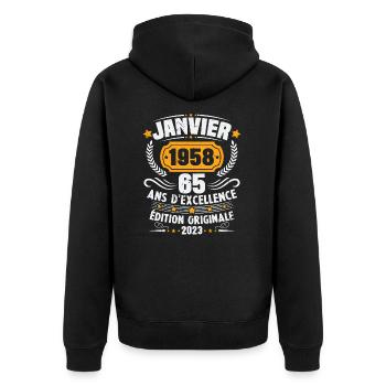 Cadeau D'anniversaire 65 Ans Janvier 1958 Vintage - Veste à capuche bio Premium Unisexe - noir - Dos - Nico (187cm)