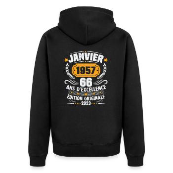 Cadeau D'anniversaire 66 Ans Janvier 1957 Vintage - Veste à capuche bio Premium Unisexe - noir - Dos - Nico (187cm)