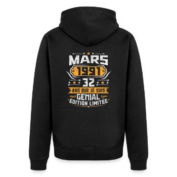 Rétro Cadeau D'anniversaire 32 Ans Mars 1991 - Veste à capuche bio Premium Unisexe - noir - Dos - Nico (187cm)