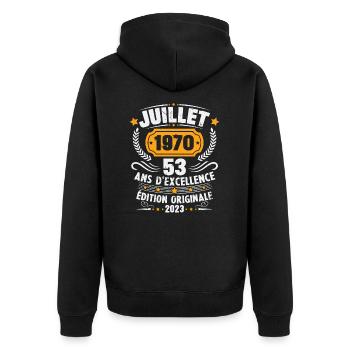 Vintage 1970 Juillet Cadeau D'anniversaire 53 Ans - Veste à capuche bio Premium Unisexe - noir - Dos - Nico (187cm)