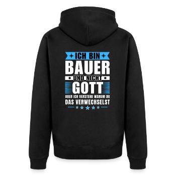 Ich bin Bauer und nicht Gott - Unisex Premium Bio Zip Hoodie - Schwarz - Hinten - Nico (187cm)