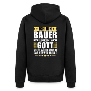 Ich bin Bauer und nicht Gott - Unisex Premium Bio Zip Hoodie - Schwarz - Hinten - Nico (187cm)