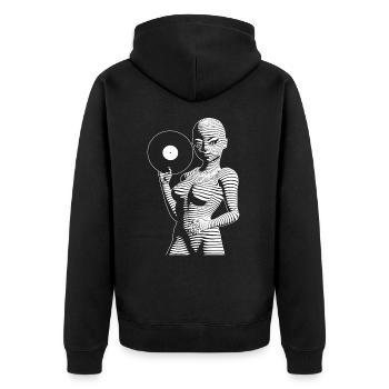 Techno Alien Girl mit Schaltplatte in der Hand. - Unisex Premium Bio Zip Hoodie - Schwarz - Hinten - Nico (187cm)