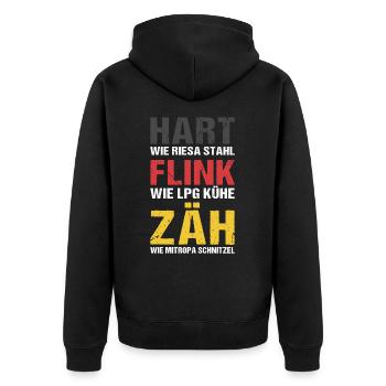 Hart wie Riesa Stahl Ossi DDR Ostdeutschland - Unisex Premium Bio Zip Hoodie - Schwarz - Hinten - Nico (187cm)