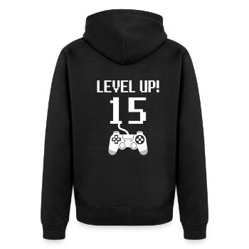 15th birthday Level up - Unisex Premium Organic Zip Hoodie - black - Back - Nico (187cm)