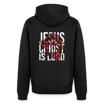 Jesus Christ Is Lord - Unisex Premium Bio Zip Hoodie - Schwarz - Hinten - Nico (187cm)