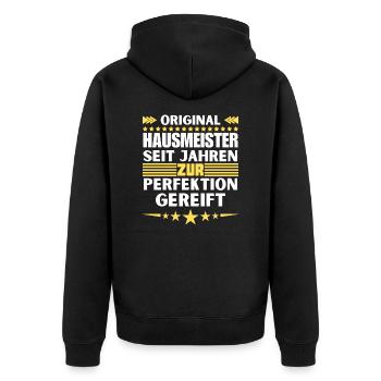 Zur Perfektion gereifter Hausmeister - Unisex Premium Bio Zip Hoodie - Schwarz - Hinten - Nico (187cm)