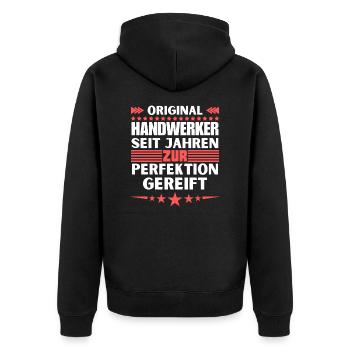 Zur Perfektion gereifter Handwerker - Unisex Premium Bio Zip Hoodie - Schwarz - Hinten - Nico (187cm)