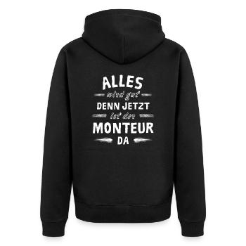 Alles wird gut denn jetzt ist der Monteur da - Unisex Premium Bio Zip Hoodie - Schwarz - Hinten - Nico (187cm)