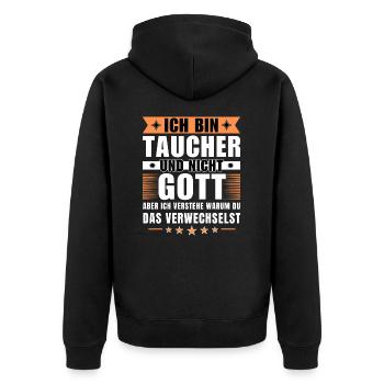 Ich bin Taucher und nicht Gott - Unisex Premium Bio Zip Hoodie - Schwarz - Hinten - Nico (187cm)