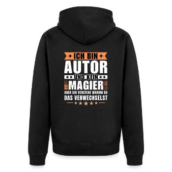 Ich bin Autor und kein Magier - Unisex Premium Bio Zip Hoodie - Schwarz - Hinten - Nico (187cm)