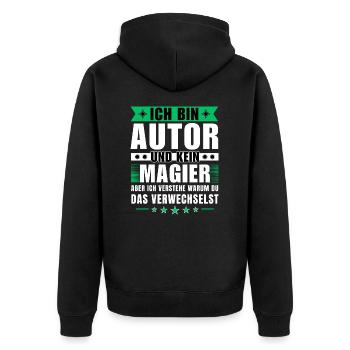 Ich bin Autor und kein Magier - Unisex Premium Bio Zip Hoodie - Schwarz - Hinten - Nico (187cm)