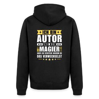 Ich bin Autor und kein Magier - Unisex Premium Bio Zip Hoodie - Schwarz - Hinten - Nico (187cm)