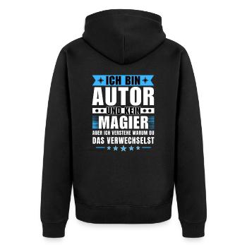 Ich bin Autor und kein Magier - Unisex Premium Bio Zip Hoodie - Schwarz - Hinten - Nico (187cm)