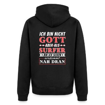 Ich bin nicht Gott aber als Surfer nah dran - Unisex Premium Bio Zip Hoodie - Schwarz - Hinten - Nico (187cm)