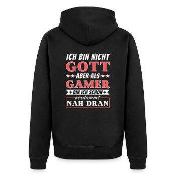 Ich bin nicht Gott aber als Gamer nah dran - Unisex Premium Bio Zip Hoodie - Schwarz - Hinten - Nico (187cm)