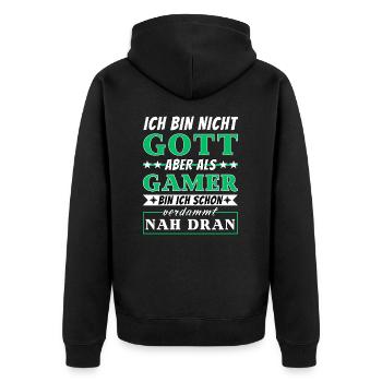 Ich bin nicht Gott aber als Gamer nah dran - Unisex Premium Bio Zip Hoodie - Schwarz - Hinten - Nico (187cm)