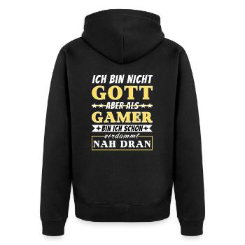 Ich bin nicht Gott aber als Gamer nah dran - Unisex Premium Bio Zip Hoodie - Schwarz - Hinten - Nico (187cm)