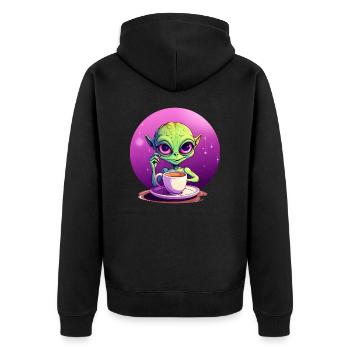 Mitternachts-Kaffee: Der grüne Alien-Trinker - Unisex Premium Bio Zip Hoodie - Schwarz - Hinten - Nico (187cm)