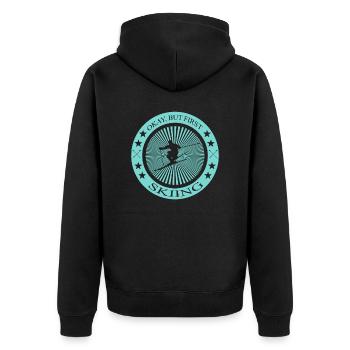 Okay but first Skiing - Unisex Premium Bio Zip Hoodie - Schwarz - Hinten - Nico (187cm)