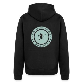 Okay but first skiing - Unisex Premium Bio Zip Hoodie - Schwarz - Hinten - Nico (187cm)