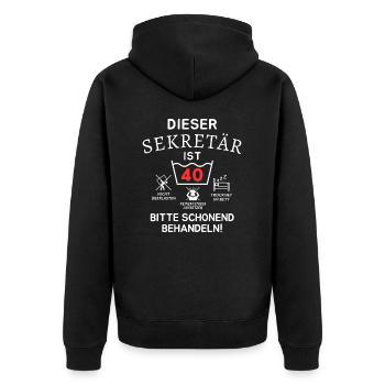 Dieser Sekretär ist 40. Schonend behandeln - Unisex Premium Bio Zip Hoodie - Schwarz - Hinten - Nico (187cm)