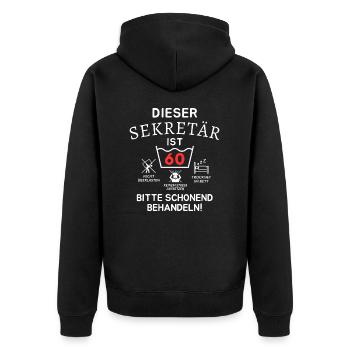 Dieser Sekretär ist 60. Schonend behandeln - Unisex Premium Bio Zip Hoodie - Schwarz - Hinten - Nico (187cm)