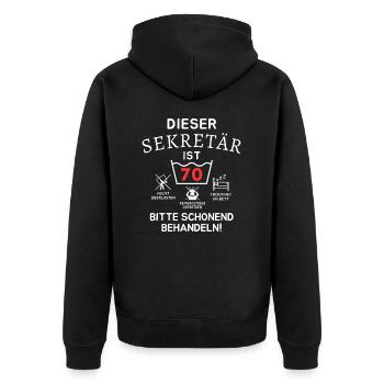 Dieser Sekretär ist 70. Schonend behandeln - Unisex Premium Bio Zip Hoodie - Schwarz - Hinten - Nico (187cm)