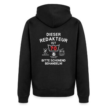 This editor is 70. - Unisex Premium Organic Zip Hoodie - black - Back - Nico (187cm)