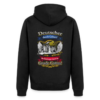 Stolzer Mecklenburger – Heimatliebe und Tradition - Unisex Premium Bio Zip Hoodie - Schwarz - Hinten - Nico (187cm)