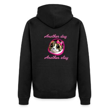Another day another slay,katze, schleife - Unisex Premium Bio Zip Hoodie - Schwarz - Hinten - Nico (187cm)