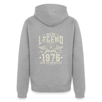 Légende des motards depuis 1976 - Veste à capuche bio Premium Unisexe - gris chiné - Dos - Nico (187cm)