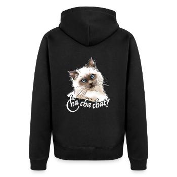 Burma-Katze "Cha Cha Katze!" (weißer Text) - Unisex Premium Bio Zip Hoodie - Schwarz - Hinten - Nico (187cm)