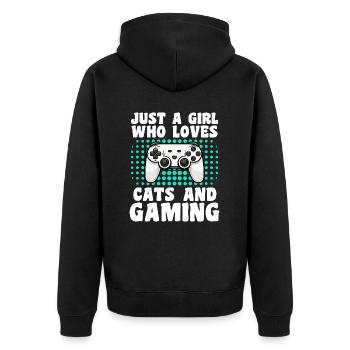 Gamer and Cat Lover Video Games and Purrs - Unisex Premium Organic Zip Hoodie - black - Back - Nico (187cm)