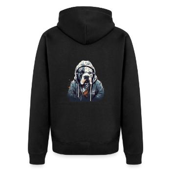 American Bulldog mit coolem Hoodie Outfit Bulldoge - Unisex Premium Bio Zip Hoodie - Schwarz - Hinten - Nico (187cm)