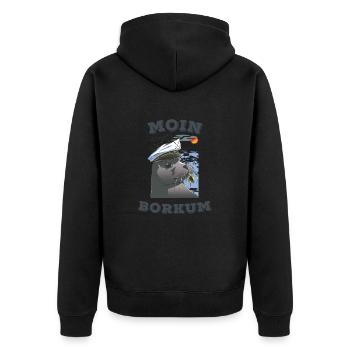 Borkum Robbe mit Spruch Moin Nordsee Insel Watt - Unisex Premium Bio Zip Hoodie - Schwarz - Hinten - Nico (187cm)