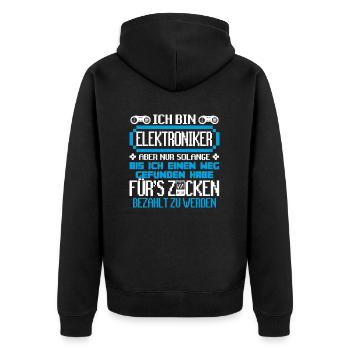 ELEKTRONIKER - Gamer - Unisex Premium Bio Zip Hoodie - Schwarz - Hinten - Nico (187cm)