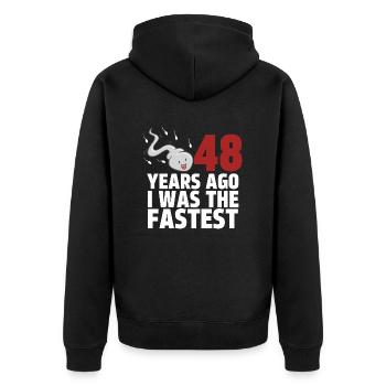 Vor 48 Jahren war ich der Schnellste - Unisex Premium Bio Zip Hoodie - Schwarz - Hinten - Nico (187cm)