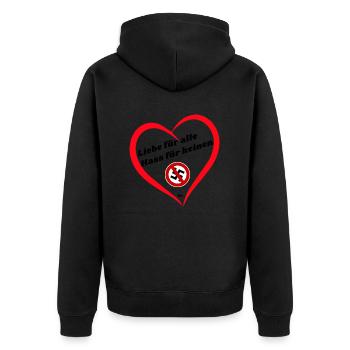 Liebe für alle Hass für keinen - Unisex Premium Bio Zip Hoodie - Schwarz - Hinten - Nico (187cm)