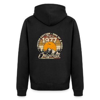 Made in 1977 Geburtstagsgeschenk 1977 Retro 1977 - Unisex Premium Bio Zip Hoodie - Schwarz - Hinten - Nico (187cm)