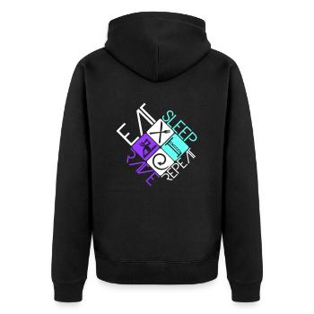 Eat Sleep Rave Repeat Essen Schlafen Raven Spruch - Unisex Premium Bio Zip Hoodie - Schwarz - Hinten - Nico (187cm)