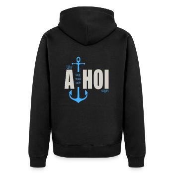 Wer a sagt - Unisex Premium Bio Zip Hoodie - Schwarz - Hinten - Nico (187cm)
