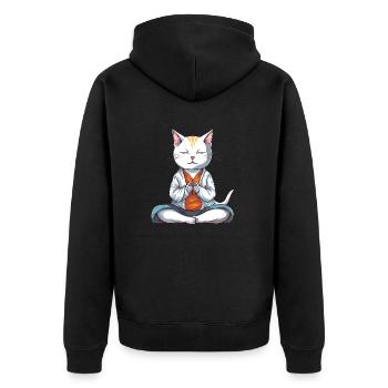 weiße Yogakatze, die in Lotusposition meditiert - Unisex Premium Bio Zip Hoodie - Schwarz - Hinten - Nico (187cm)