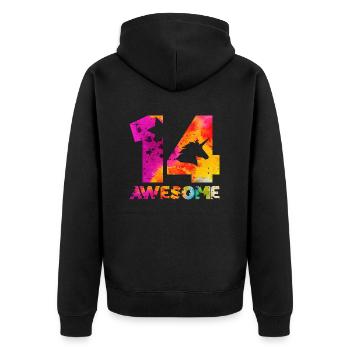 AWESOME 14. GEBURTSTAG EINHORN 14 JAHRE - Unisex Premium Bio Zip Hoodie - Schwarz - Hinten - Nico (187cm)